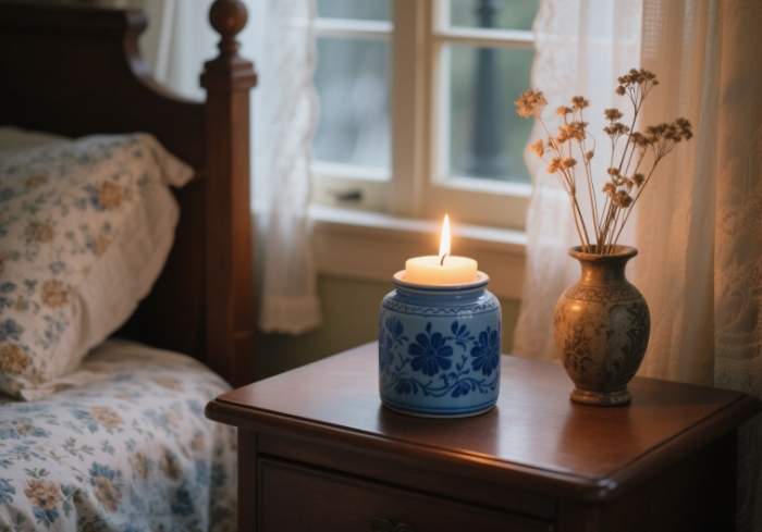 The iconic blue jar candle burning on a nightstand