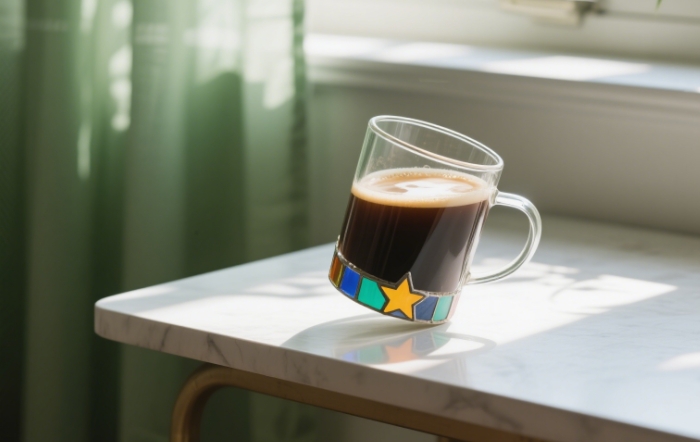 The mug with coffee, half-tipped to show the hidden design