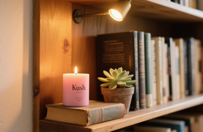 The pink Kush candle on a bookshelf with plants