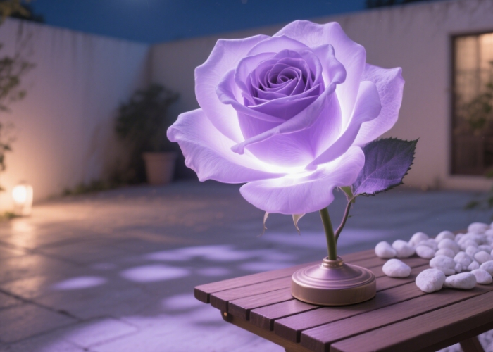 The rose lamp shines brightly in the night