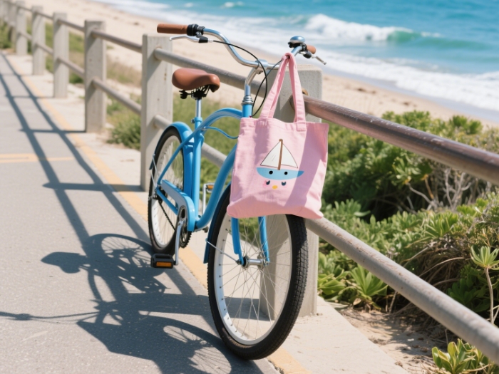 The tote hanging from a bike handlebar for a casual vibe