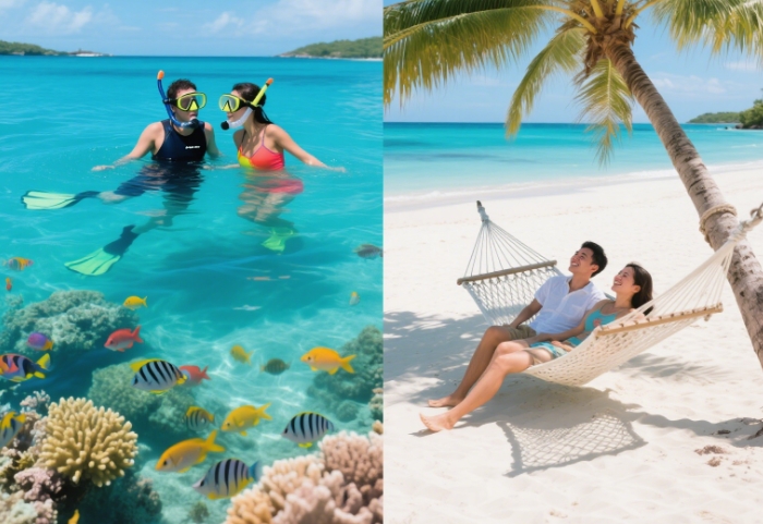 The turquoise waters and white sand beaches of St. Croix, where couples snorkel or lie in a hammock