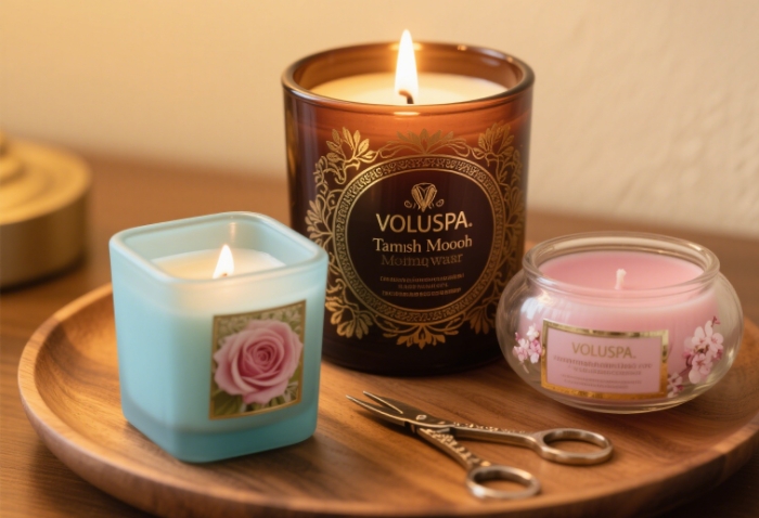 Three Voluspa candles of different sizes grouped together
