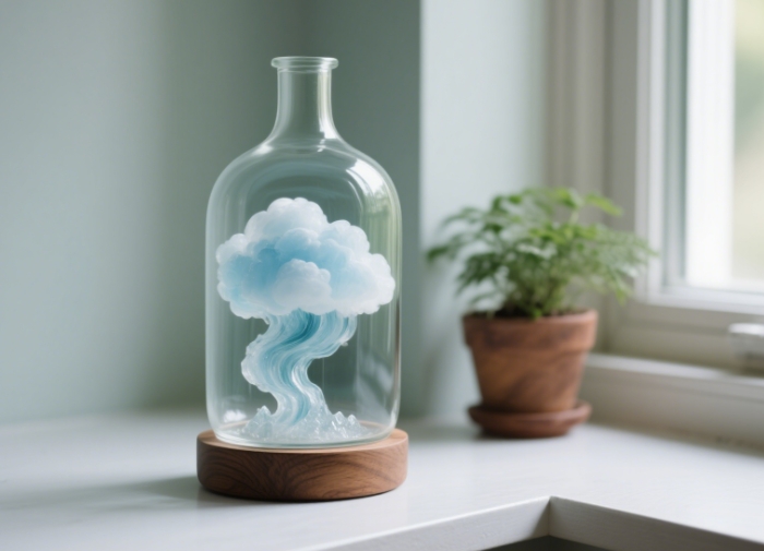 Transparent glass cloud storm bottle, wooden base, placed by the window