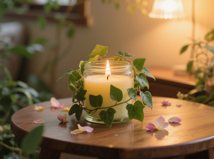 Transparent glass jar scented candle, plant decoration, lit