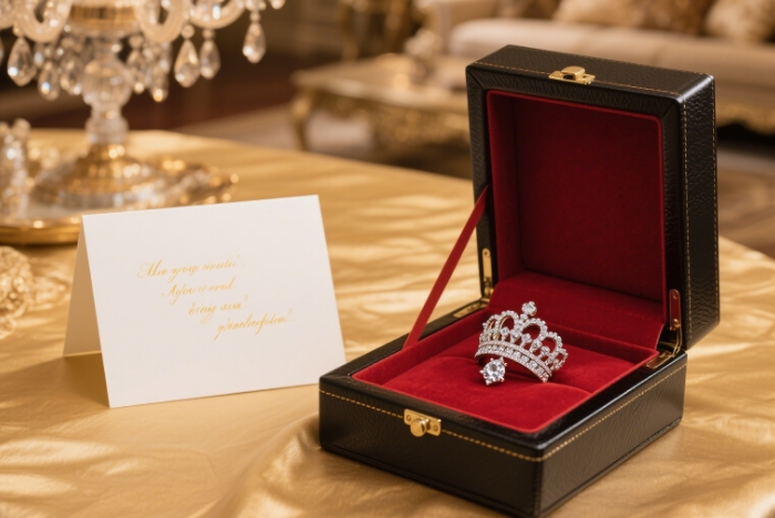 Unbox the gift box to display the scene of the brooch and the card.