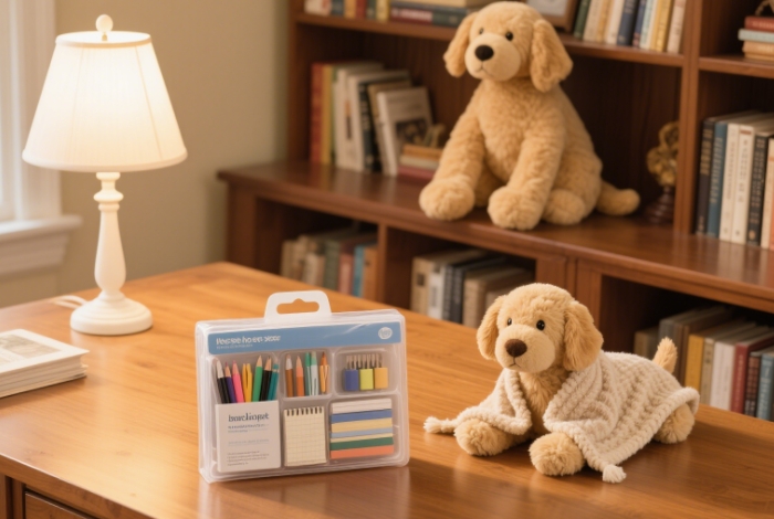 Unboxing the kit with a golden retriever plush in the background