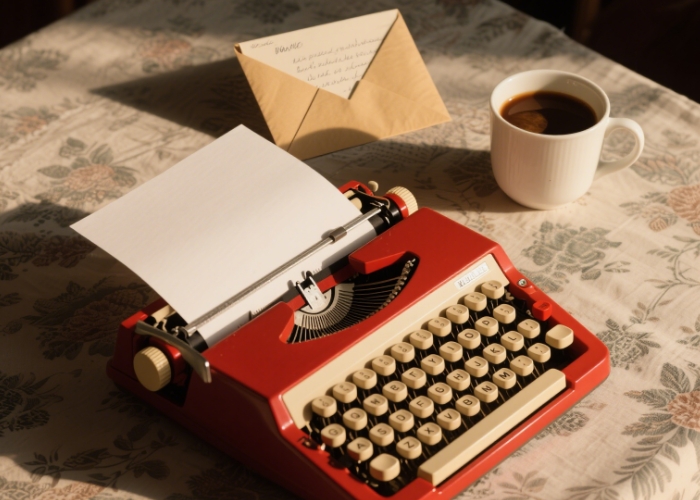 Vintage typewriter with a letter and coffee cup