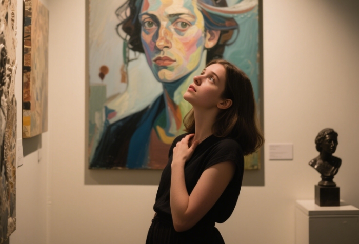 Woman admiring a modern painting in a gallery