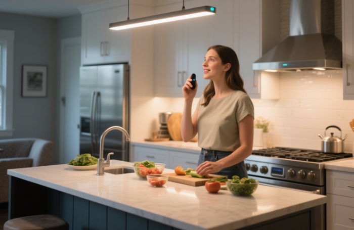 Woman using voice-controlled smart lights