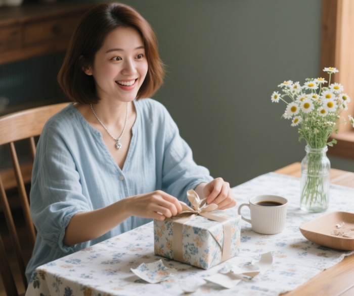 A smiling woman unboxing a gift with a surprised expression