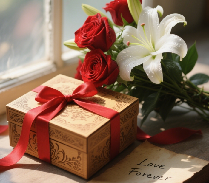 A romantic flat lay of gift boxes, flowers, and handwritten notes.