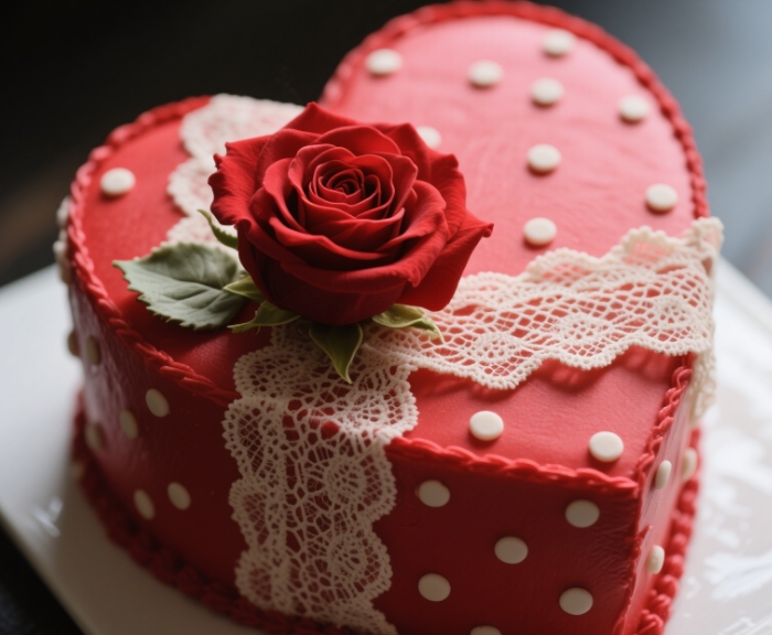 shaped cake with polka dots, lace accents, and red roses.