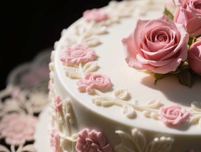 up of a white chocolate cake with intricate floral designs and pink roses.