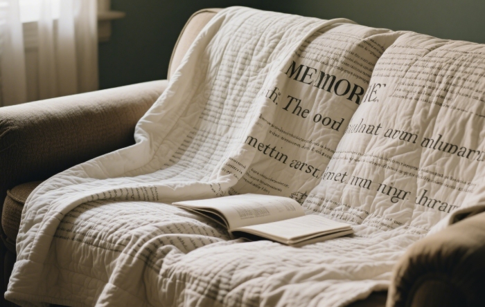 A memory quilt made from old fabric items