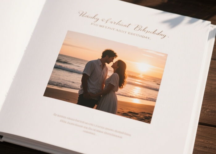 A page from a custom photo book with pictures and captions