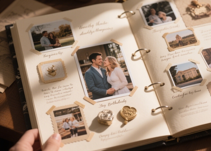 A page from a custom scrapbook with pictures and mementos