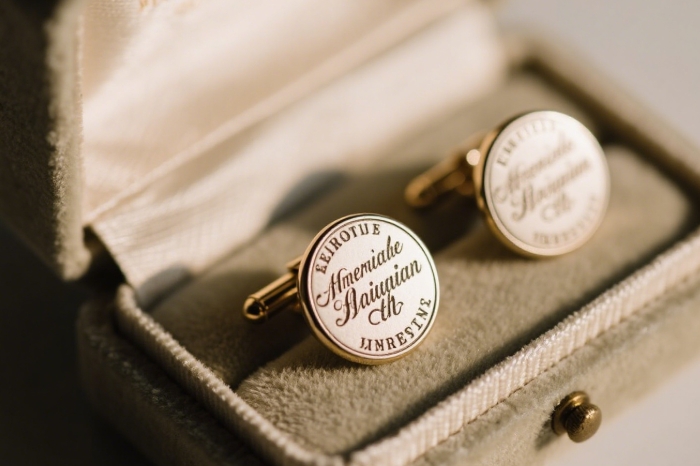A pair of custom engraved cufflinks with a personalized message