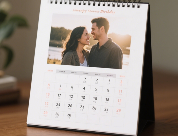 A personalized calendar with pictures of a couple