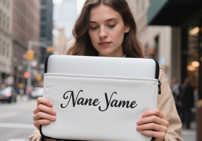 A personalized laptop sleeve with a name