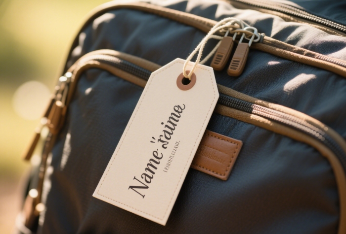 A personalized luggage tag with a name