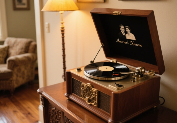 A vintage record player with a custom vinyl featuring a couple’s names