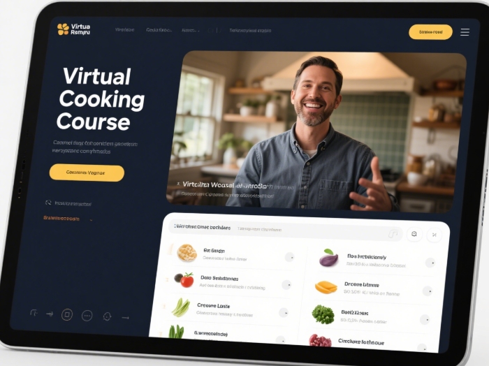 A virtual cooking class interface showing the instructor and a list of ingredients