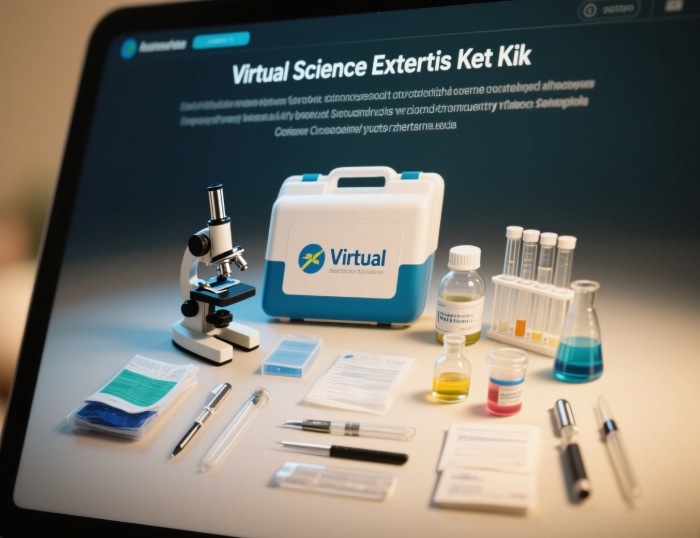 A virtual science experiment kit with science tools and materials