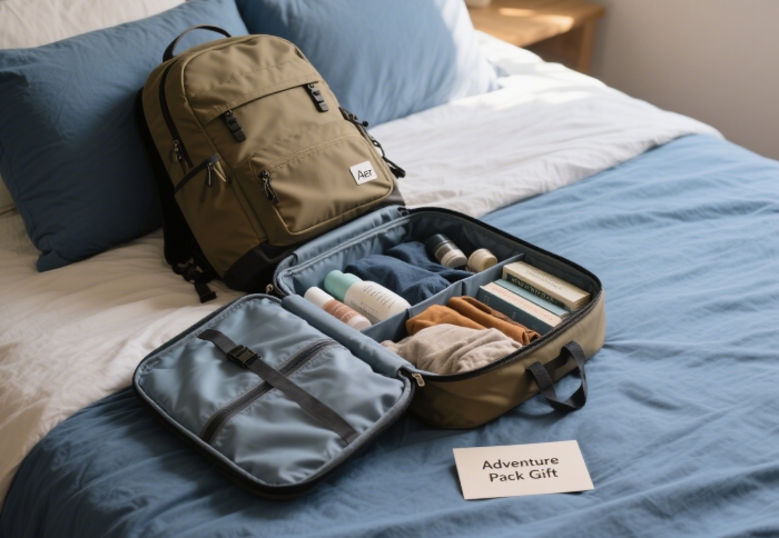 Aer Travel Pack 3 open on a bed, showing packing compartments