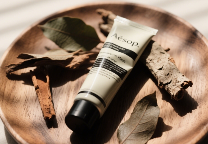 Aēsop hand balms with eucalyptus and natural textures for a spa-like vibe