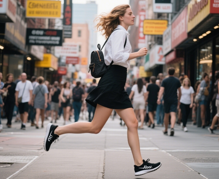 Allbirds sneakers on feet walking on city pavement