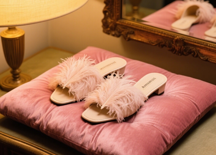 Amina Muaddi 2025 feather-trimmed mules, luxury evening shoes for women