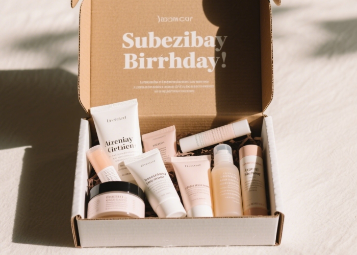 An open subscription box with beauty products