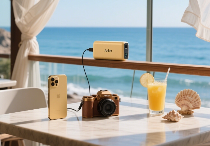 Anker power bank charging phone and camera on a cafe table abroad