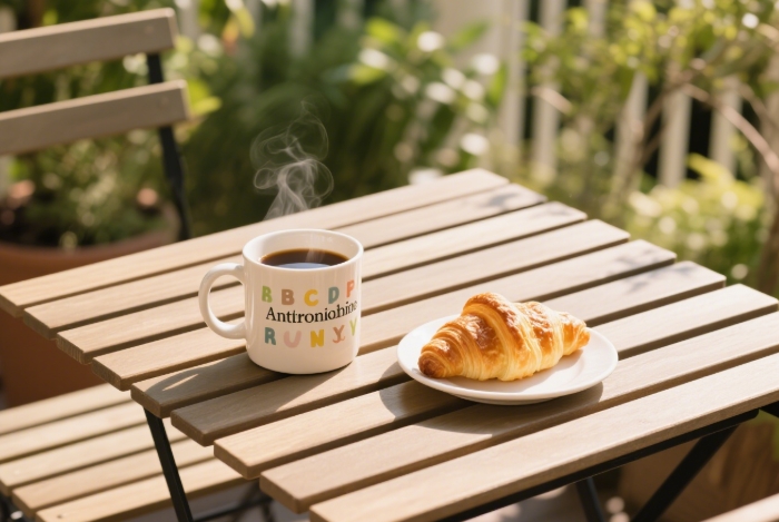 Anthropologie monogram mug with breakfast essentials for cozy mornings