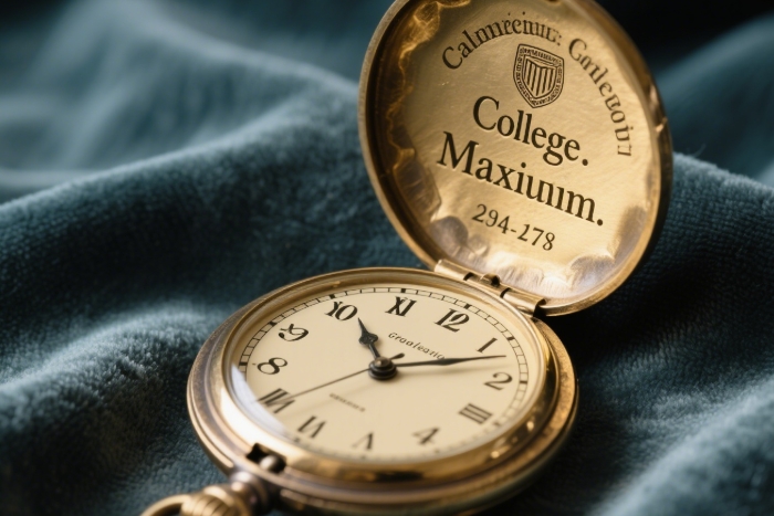 Antique brass pocket watch with engraved college motto and graduation date.