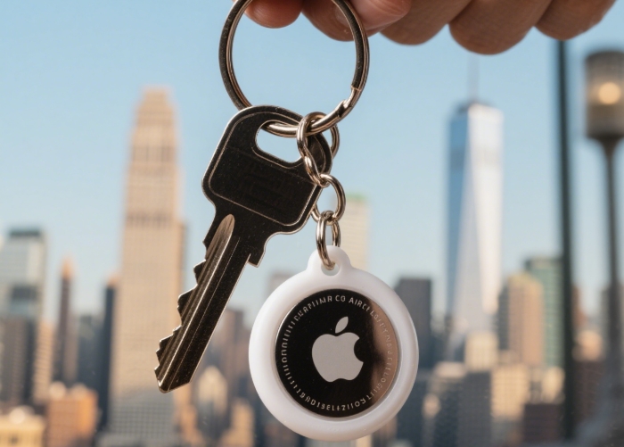 Apple AirTags on a keychain with travel accessories for peace of mind