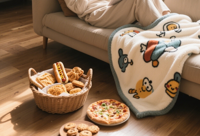 Assortment of period snacks in basket with cozy blanket
