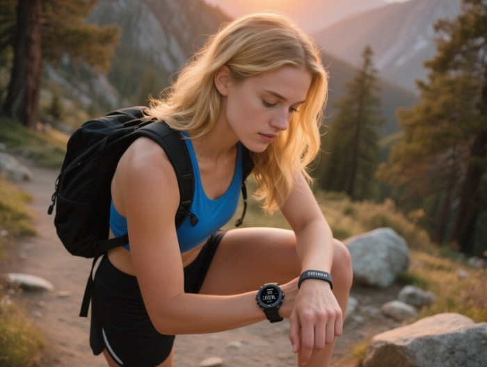 Athletic young woman checking Garmin Instinct 2X Solar watch while hiking mountain trail at sunset