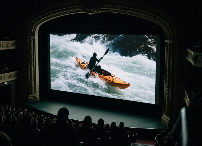 Audience watching adventure film on big screen at mountain film festival - inspiring anniversary gift