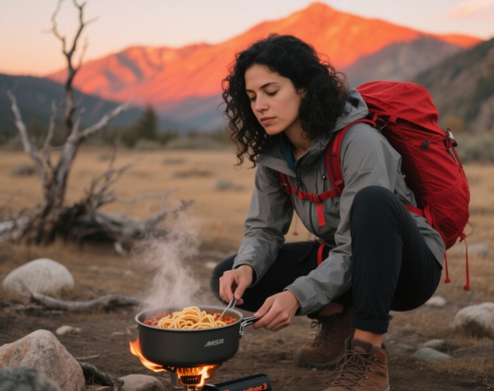Backpacker cooking dinner on an MSR PocketRocket 3 stove at sunset