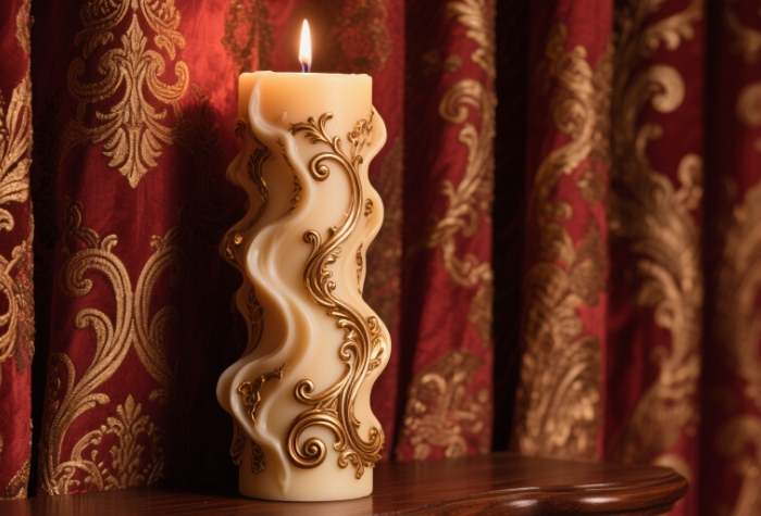 Baroque-style David candle with elaborate wig melting into abstract shapes, placed on a wooden shelf
