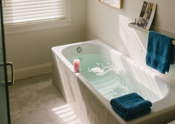 Bath tray with Epsom salts, candle, and folded towel