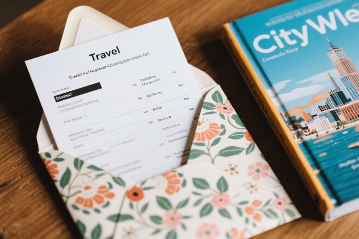 Beautifully presented travel itinerary or voucher for a future getaway, exciting and hopeful anniversary gift for long-distance couples