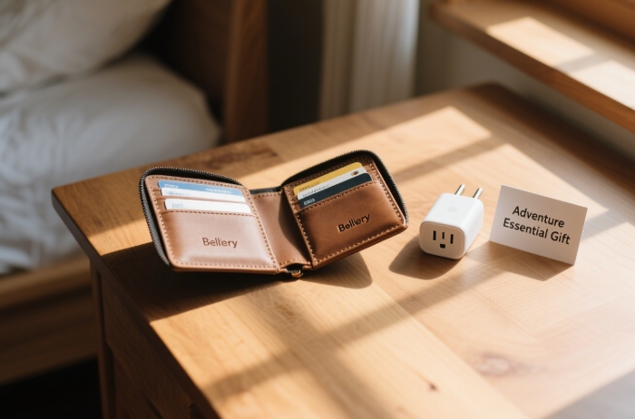 Bellroy passport wallet open next to international plug adapter