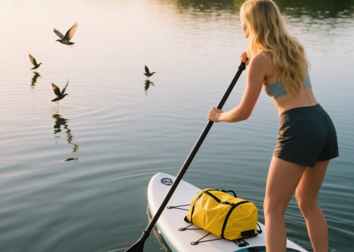 Best water sports gifts woman paddleboarding with sunset view