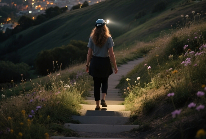 BioLite headlamp lighting a path in an urban park at dusk