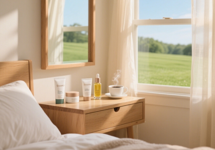 Biossance eye care set for summer puffiness and hydration, morning routine flat lay