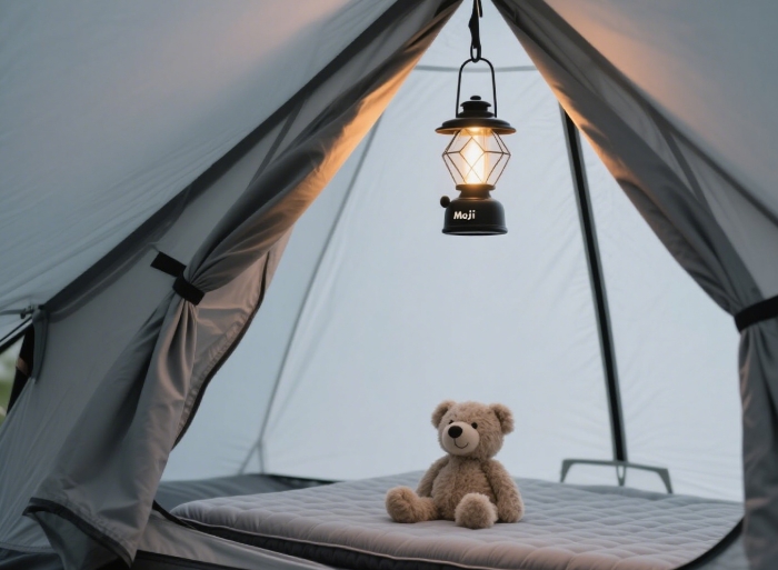 Black Diamond Moji lantern glowing warmly inside a tent