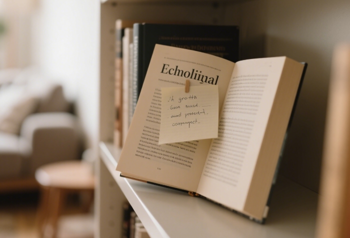 Book on healthy communication or emotional intelligence with a handwritten note peeking out, symbolizing commitment to growth